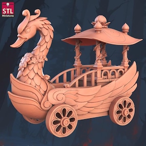 May include: A peach-coloured swan carriage with intricate details. The swan's neck forms the front, with a floral garland. The carriage features a covered seating area, decorative arches, and spoked wheels. The text "STL Miniatures" is in the upper left corner.