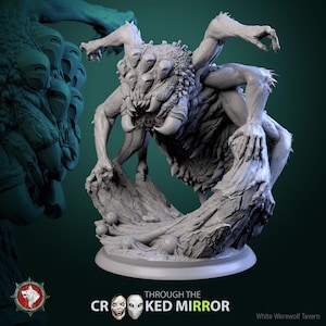 May include: A gray, detailed, 3D printed miniature of a monstrous spider-like creature with multiple eyes and sharp claws. The creature is posed on a rocky base with a textured surface.