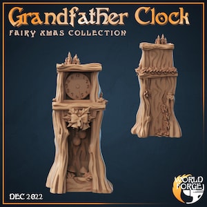 May include: Two wooden grandfather clocks, one with a clock face and the other without. The clocks are part of the Fairy Xmas Collection. The clock face shows the numbers 1 through 12. The text "Grandfather Clock" and "FAIRY XMAS COLLECTION" are at the top. The date "DEC 2022" is at the bottom.