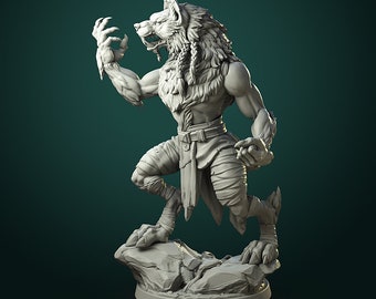 May include: A gray, detailed, 3D printed miniature of a werewolf, standing on a rocky base. The werewolf is in a crouched position, with its claws extended and its mouth open in a snarl.