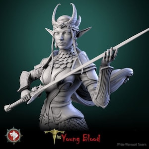 May include: A gray 3D printed miniature of an elf warrior holding a sword. The elf is wearing armor and a crown with horns. The miniature is part of a fantasy role-playing game.