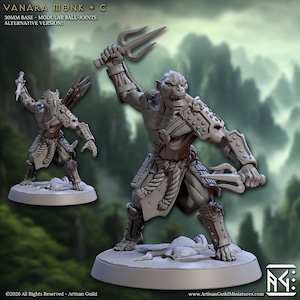 May include: A gray miniature figure of a Vanara Monk, holding a trident and a blade. The figure is on a round base. The text "VANARA MONK + C" and "30MM BASE - MODULAR BALL-JOINTS ALTERNATIVE VERSION!" are visible.