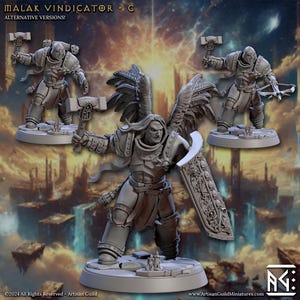 May include: A gray plastic miniature figure of a winged warrior with a shield and a hammer. The figure is standing on a circular base. The text "MALAK VINDICATOR - C" and "ALTERNATIVE VERSIONS!" is visible in the image.