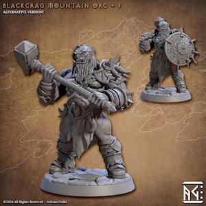 May include: A gray plastic miniature figurine of an Orc warrior with a beard, wearing armor and holding a large hammer. The Orc is standing on a round base. The miniature is part of a set of fantasy miniatures.