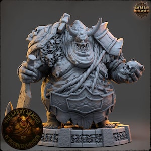 May include: A detailed gray miniature figure of a monstrous character, holding a skull and a weapon. The figure has horns, armor, and a grotesque face. The base is decorated with skulls, and the figure is from Daybreak Miniatures.