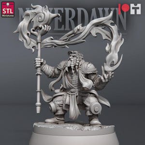 May include: A detailed 3D-printed miniature of a fantasy character. The figure, with a long beard and ornate armor, holds a staff with a flame-like design. The base is a simple, unpainted platform. The logo "STL Miniatures" is visible.