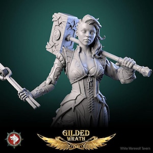 May include: A gray 3D printed miniature of a female warrior holding a large hammer over her shoulder. She is wearing a detailed, ornate armor and a corset. The miniature is titled "Gilded Wrath" and is from White Werewolf Tavern.
