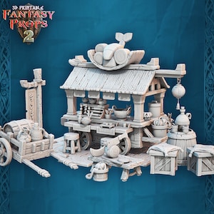 マーケットストール - マーケットセット - 32 mm スケール - DnD、パスファインダー、卓上 RPG、ジオラマ用の未塗装ミニチュア - STL ミニチュア