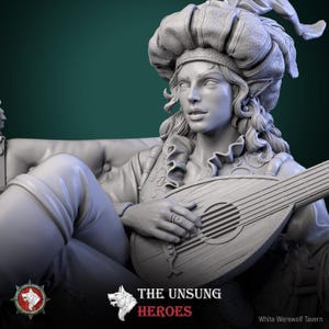 May include: A grayscale sculpture of a person with long hair, wearing a hat with a feather, and a ruffled shirt, playing a lute. The text "THE UNSUNG HEROES" is at the bottom of the image.