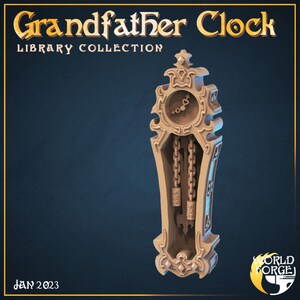 May include: A detailed, ornate grandfather clock with a pendulum and a Roman numeral clock face. The clock is made of a light brown material and has a decorative design. The clock is part of a library collection.