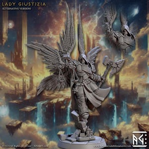 May include: A gray painted miniature figurine of a winged angel holding a scale and an axe. The angel is standing on a broken stone base. The background is a fantasy landscape with clouds and a city in the distance. The text "LADY GIUSTIZIA" and "ALTERNATIVE VERSION!" is visible at the top of the image.