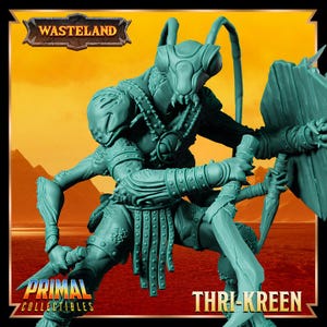 May include: A teal Thri-Kreen figurine from Primal Collectibles, a creature from the Wasteland. The figurine is holding a sword and shield. The figurine has a detailed insectoid head and armor.