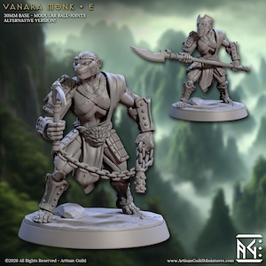 May include: A gray, 3D-printed miniature of a Vanara Monk with a weapon and chain mace. The miniature is on a 30mm base and has modular ball joints. The image also shows a second miniature of a warrior with a spear. The background is a blurred landscape.