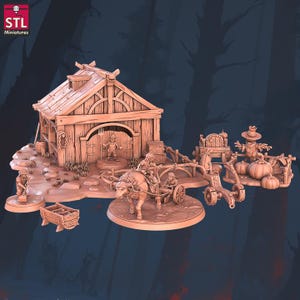 May include: A detailed 3D-printed miniature scene featuring a wooden barn, a cart pulled by an ox, a scarecrow, and pumpkins. The scene includes figures and other farm-related elements. The logo "STL Miniatures" is visible.