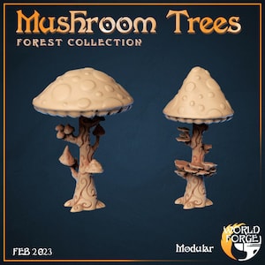 May include: Two mushroom-shaped trees with brown and white details. The trees are part of a forest collection and are labeled "Modular".