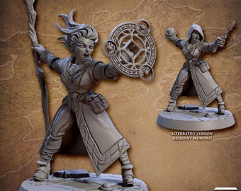 May include: A gray 3D printed miniature of a female elf mage casting a spell. She is wearing a long robe and holding a staff and a magic circle. The miniature is on a round base. The text "APPRENTICE ARCANIST" is visible in the background.