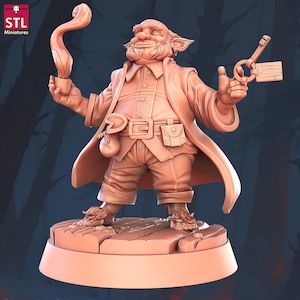 May include: A 3D-printed miniature of a smiling, bearded gnome figure. The gnome wears a long coat, button-down shirt, and shorts, and holds a key and a smoking object. The miniature is on a wooden platform base. The text "STL Miniatures" is in the upper left corner.