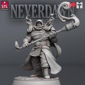 May include: A detailed 3D-printed miniature of a robed figure from the "Neverdawn Chronicles" series. The figure is holding a staff with a stylized flame design. The figure is wearing a hooded cloak and armor.