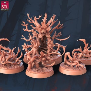 May include: A set of four 3D printed miniature fantasy creatures, each resembling a twisted, gnarled tree with a gaping maw and thorny vines. The creatures are painted in a light brown color and are set on circular bases.
