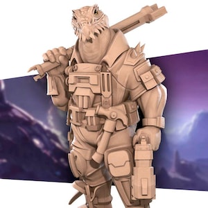 May include: A detailed figurine of a reptilian humanoid wearing a futuristic military uniform and holding a weapon. The figure is painted in a light brown color and has a textured surface.