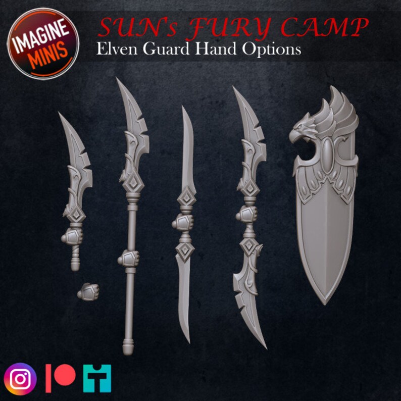Op de afbeelding: Een set van vijf 3D-geprinte miniatuurwapens voor tabletop role-playing games. De set bevat vier zwaarden en een schild met een adelaarontwerp. De wapens zijn gemaakt van grijs plastic. De tekst "SUN'S FURY CAMP Elven Guard Hand Options" is bovenaan de afbeelding gedrukt.