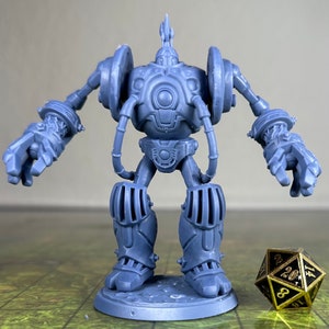 May include: A blue plastic miniature robot with a steampunk design. The robot has a large head with a single eye and a spiky top. The robot has two arms with articulated hands and two legs with articulated knees. The robot is standing on a round base.
