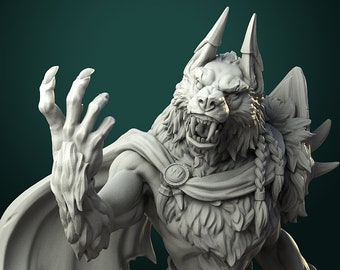 May include: A detailed, white, 3D printed miniature of a werewolf with a fierce expression, wearing a cape and a braided necklace. The werewolf has sharp teeth and claws, and its fur is sculpted with intricate detail.
