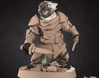 May include: A 3D printed miniature of a cat wearing armour and holding a dagger. The cat is painted in a light brown colour and has blue eyes. The miniature is 35 mm in scale and 26 mm in height. The base is 30.77 mm x 29.13 mm x 26.21 mm.