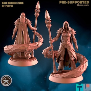 May include: A 32mm scale, pre-supported miniature of a female figure wearing a hooded robe and holding a staff. The figure is standing on a round base with a swirling effect around her feet. The miniature is printed in a light brown color.