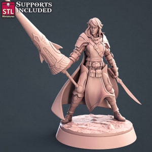May include: A 3D printed miniature of a female figure in a fantasy setting. She is wearing armor and holding a spear and a sword. The miniature is painted in a light brown color.