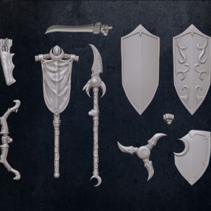 Puede incluir: Un conjunto de ocho miniaturas de juego de rol de fantas&iacute;a, que incluyen una espada, un escudo, un arco y una flecha, una lanza y una bandera. Las miniaturas est&aacute;n hechas de pl&aacute;stico gris claro y est&aacute;n listas para ser pintadas.