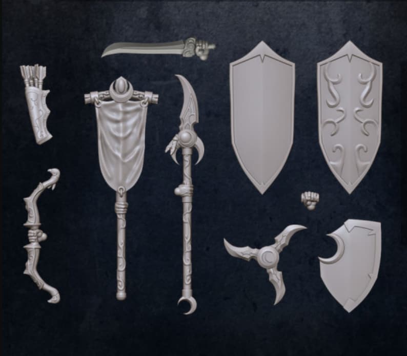 Puede incluir: Un conjunto de ocho miniaturas de juego de rol de fantas&iacute;a, que incluyen una espada, un escudo, un arco y una flecha, una lanza y una bandera. Las miniaturas est&aacute;n hechas de pl&aacute;stico gris claro y est&aacute;n listas para ser pintadas.