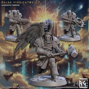 May include: A gray plastic miniature figure of a warrior with wings, holding a hammer. The figure is standing on a round base. The figure is part of a set of alternative versions of the Malak Vindicator.