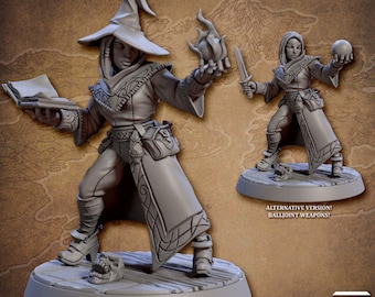 May include: A gray 3D printed miniature of a female figure wearing a pointed hat and a long robe. She is holding a book in one hand and a glowing orb in the other. The miniature is standing on a round base. The text "APPRENTICE ARCANIST * D" is visible in the top left corner of the image.
