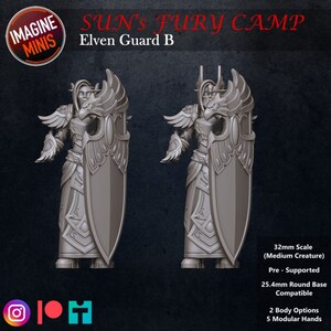 Op de afbeelding: Een 3D-geprint miniatuur van een elfenwacht met een schild en vleugels. Het miniatuur is grijs en is geprint op een schaal van 32 mm. Het miniatuur is compatibel met een ronde basis van 25,4 mm. Het miniatuur is vooraf ondersteund en heeft 2 lichaam opties en 5 modulaire handen.