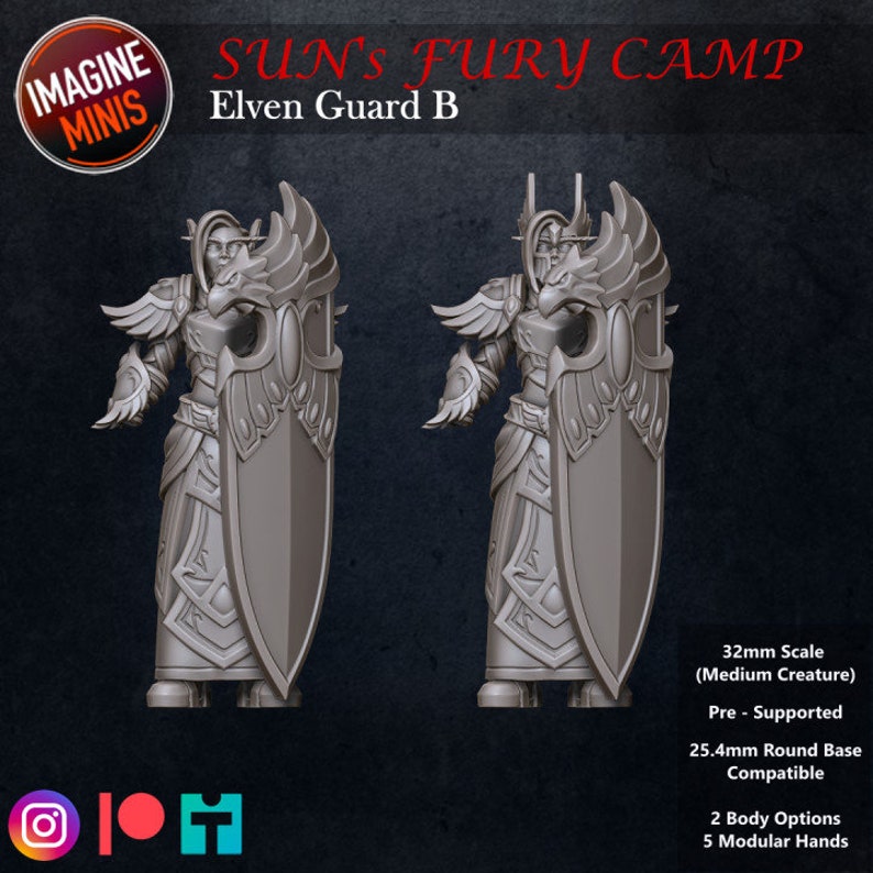 Op de afbeelding: Een 3D-geprint miniatuur van een elfenwacht met een schild en vleugels. Het miniatuur is grijs en is geprint op een schaal van 32 mm. Het miniatuur is compatibel met een ronde basis van 25,4 mm. Het miniatuur is vooraf ondersteund en heeft 2 lichaam opties en 5 modulaire handen.