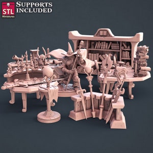 May include: A 3D printed miniature set of a wizard's workshop, featuring a wizard figure, a table with a globe, a bookshelf, and a stand with various magical weapons. The set is printed in a light brown color and includes supports.