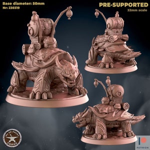 May include: A 3D printed miniature of a turtle carrying a barrel and lantern. The turtle is detailed with scales and has a dragon-like head. The miniature is pre-supported and measures 32mm in scale. The base diameter is 50mm.