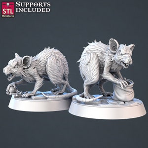 May include: Two detailed 3D printed miniature rat figures, one holding a sack and the other holding a skull. The figures are posed on circular bases.