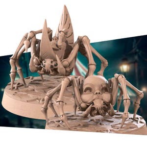 May include: Two detailed, hand-painted, beige resin spider figurines. One spider has a large, pointed head and the other has a human-like face.