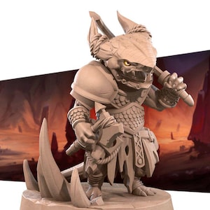 May include: A detailed figurine of a fantasy creature, possibly a goblin or lizard-like humanoid, in a warrior's pose. It is clad in armor and holds a sword and a battle axe. The figure is a neutral beige color, with a detailed texture.