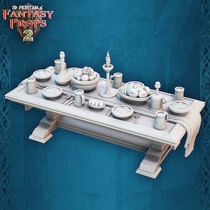 May include: A white, wooden table with a variety of food and drink items arranged on top. The table is set for a feast, with plates, bowls, cups, and goblets. There are also several pieces of fruit, bread, and other food items. The table is made of wood and has a simple, rustic design.