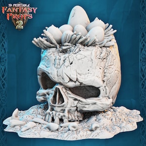May include: A 3D-printed fantasy prop of a skull with a crown of eggs and bone fragments. The skull is white with a cracked texture, and the text "3D PRINTABLE FANTASY PROPS 2" is visible. Ideal for tabletop gaming or cosplay. The prop is white.