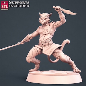 Tabaxi Fighter Miniature: 32mm Scale RPG Figure (Unassembled)