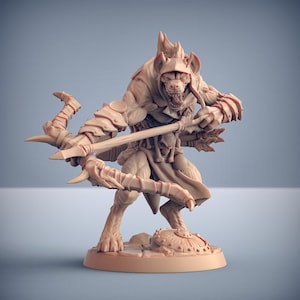 May include: A detailed miniature figurine of a hyena-like creature with a hooded head, holding a bow and arrow. The figurine is painted in a light brown color and is standing on a circular base.