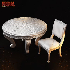 May include: A white, round table with a textured wooden top and decorative trim, accompanied by a matching chair. The table has ornate legs and is studded with small, round accents. The chair features a tufted seat and a curved back.