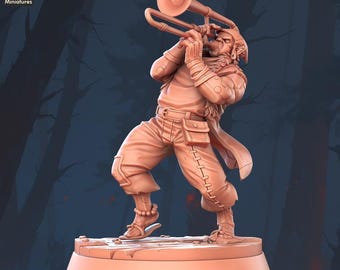 以下が含まれることがあります： トロンボーンを演奏するファンタジーキャラクターの、詳細な3Dプリントミニチュア。フィギュアはダイナミックなポーズで、詳細な服とアクセサリーを身に着けています。ミニチュアは丸いベースにあり、テーブルトップゲームやディスプレイに最適です。