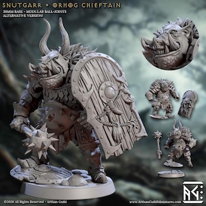 May include: A gray, detailed miniature figure of Snutgarr + Orhog Chieftain, with a shield, mace, and armor. The figure has horns and tusks. The image includes the text "30MM BASE - MODULAR BALL-JOINTS ALTERNATIVE VERSION!" and "©2026 All Rights Reserved - Artisan Guild".