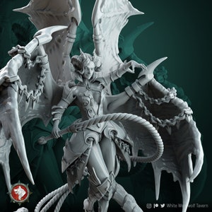 May include: A grey, detailed miniature figurine of a female demon with horns, wings, and a whip. She is wearing a leather outfit with chainmail accents. The figurine is posed in a dynamic action pose.