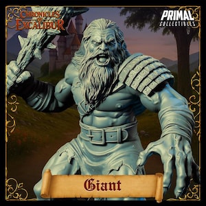 May include: A light blue figurine of a muscular giant with a long beard, holding a weapon. The figure is from the "Chronicles of Excalibur" collection, with the word "Giant" on a scroll at the bottom.